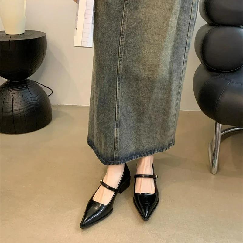 Модные туфли Мэри Джейн на толстом каблуке в ретро-стиле для женщин, модные туфли-лодочки с неглубоким вырезом и острым носком для комфорта леди в офисе