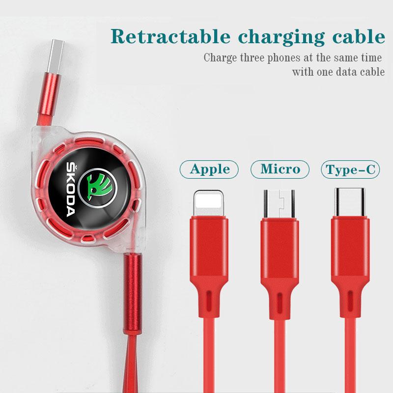 wsmrp6 Car pendant 3 In 1 Fast Charger USB Data Cable Car Accessories For Skoda Octavia Kodiaq Fabia Superb Karoq Yeti Rapid Mk3 A4 1