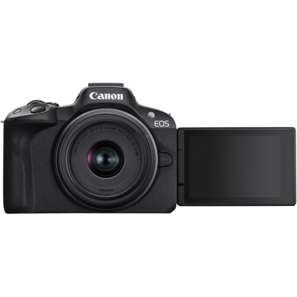 The Canon EOS R50 mirrorless camera and the lens are STM lenses (black) RF-S18-45mm F4.5-6.3 (renewed).