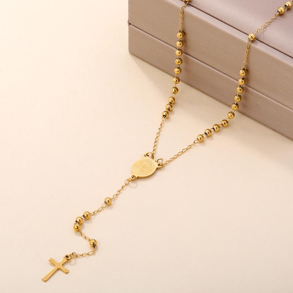 Trend 2026 Long Rosary Beads Chain Cross Pendant Necklaces Stainless Steel Gold Plated Virgin Mary Oval Bar V-Neck Tassel Collar