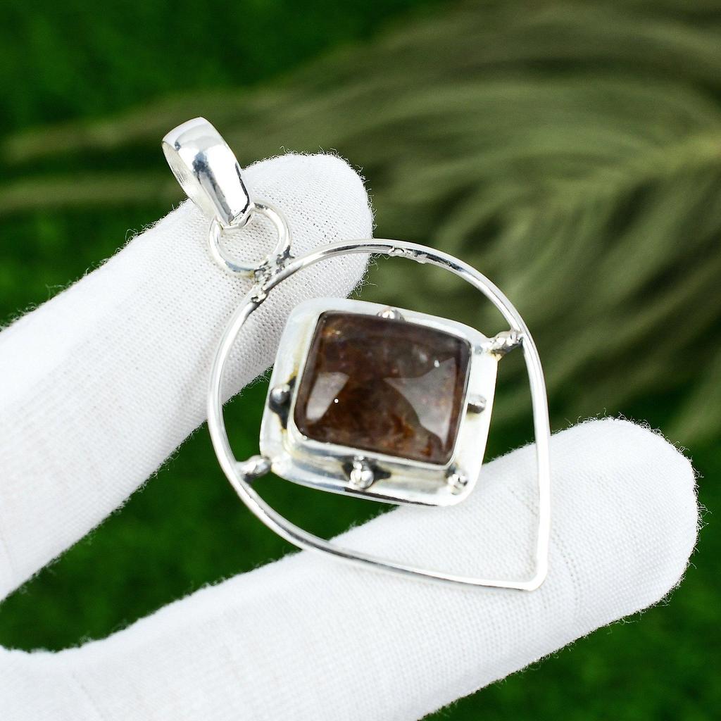 Natural Elestial Quartz Gemstone Pendant Brown 925 Sterling Silver Jewelry