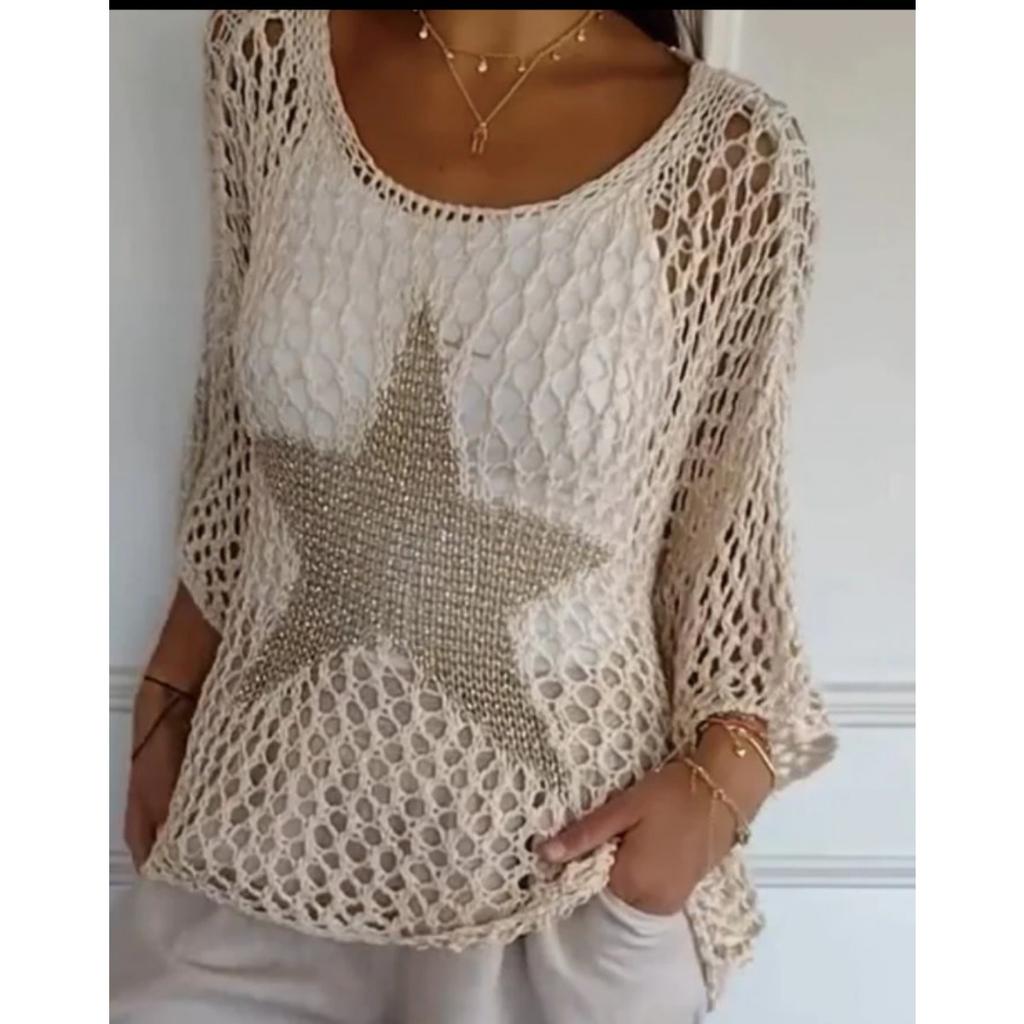 Женский свитер, свободный ажурный вязаный кардиган со звездами, круглый вырез, рубашка от солнца, летний купальник, накидка