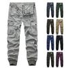 Men Cargo Pants Solid Color Zipper Fly Multi Pockets Drawstring Elastic Waist