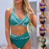 Модный женский сексуальный купальник с принтом на шее и открытой спиной, пляжная одежда, купальник-бикини, разделенный купальник