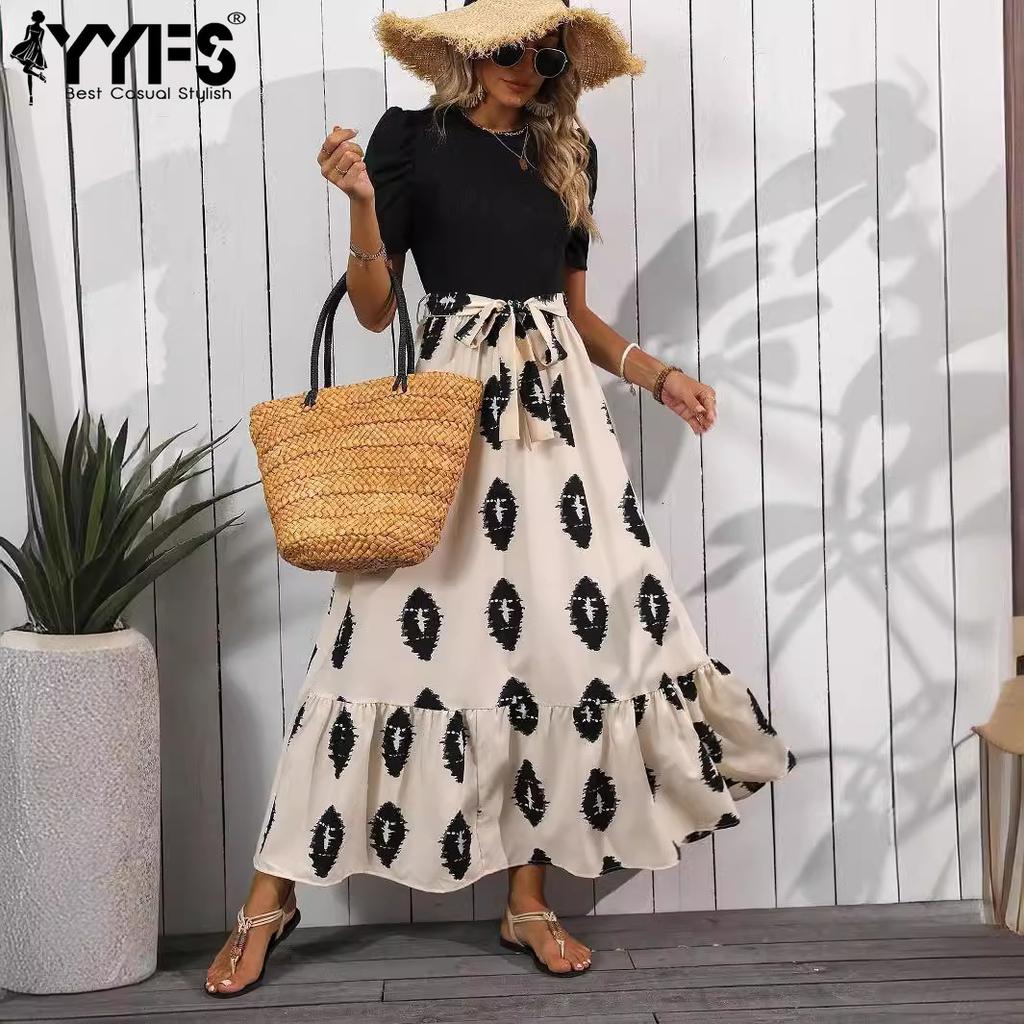 YYFS Женская мода на лето и весну с коротким рукавом и круглым вырезом с высокой талией повседневные платья