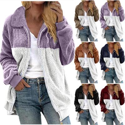 Женская повседневная свободная плюшевая куртка с цветными блоками на молнии с отложным воротником и карманами