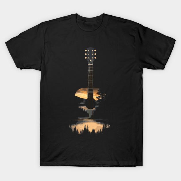 Men Black Print T-shirt Sunset Acoustic Guitar Nature No-Cut Heat Transfer Print Cotton Tshirt