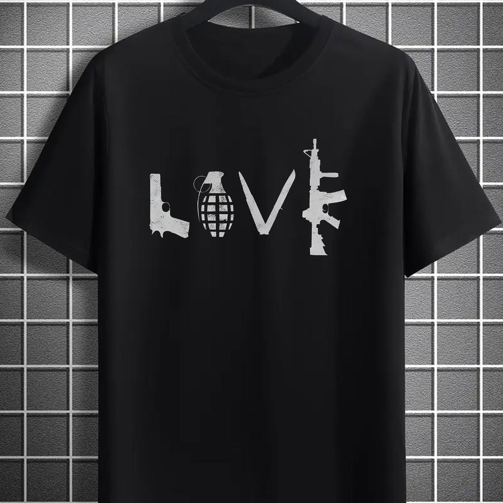 Мужская футболка с принтом 'Lover Gun', круглый вырез, короткий рукав, простой стиль, модная, стандартный крой, повседневный топ