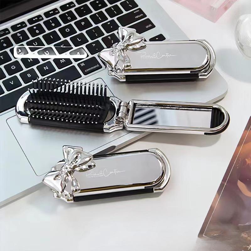 Милые складные домашние мини-щетки для волос с бантом, женские портативные двойного назначения для маленьких девочек, съемные, массажные, для кожи головы, с подушкой безопасности и зеркалом