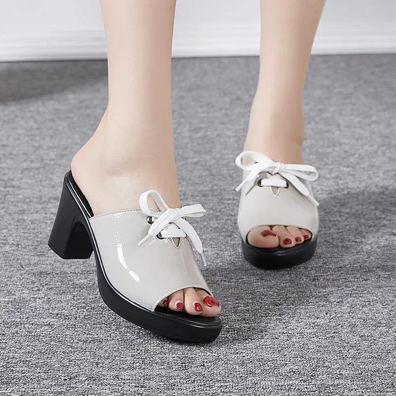 Fashion GKTINOO Fashion New Split Leather Slippers Anti-skid Summer High Heels Bowknot Sandals Mom Shoes For Outside