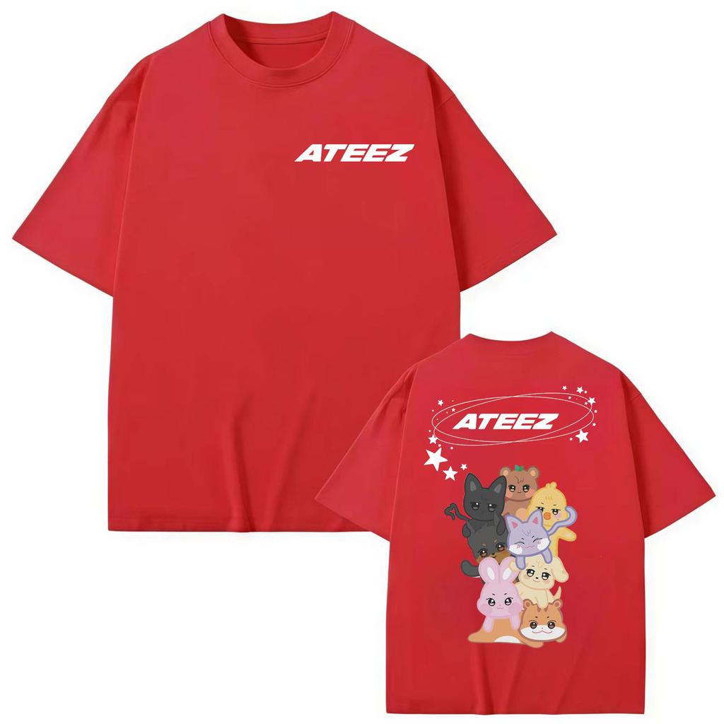 Kpop ATEEZ Double Sided Print Tshirt Unisex Women Clothing Fashion Trend Cartoon Tshirts High Quality Cotton Short Sleeve T Shirt