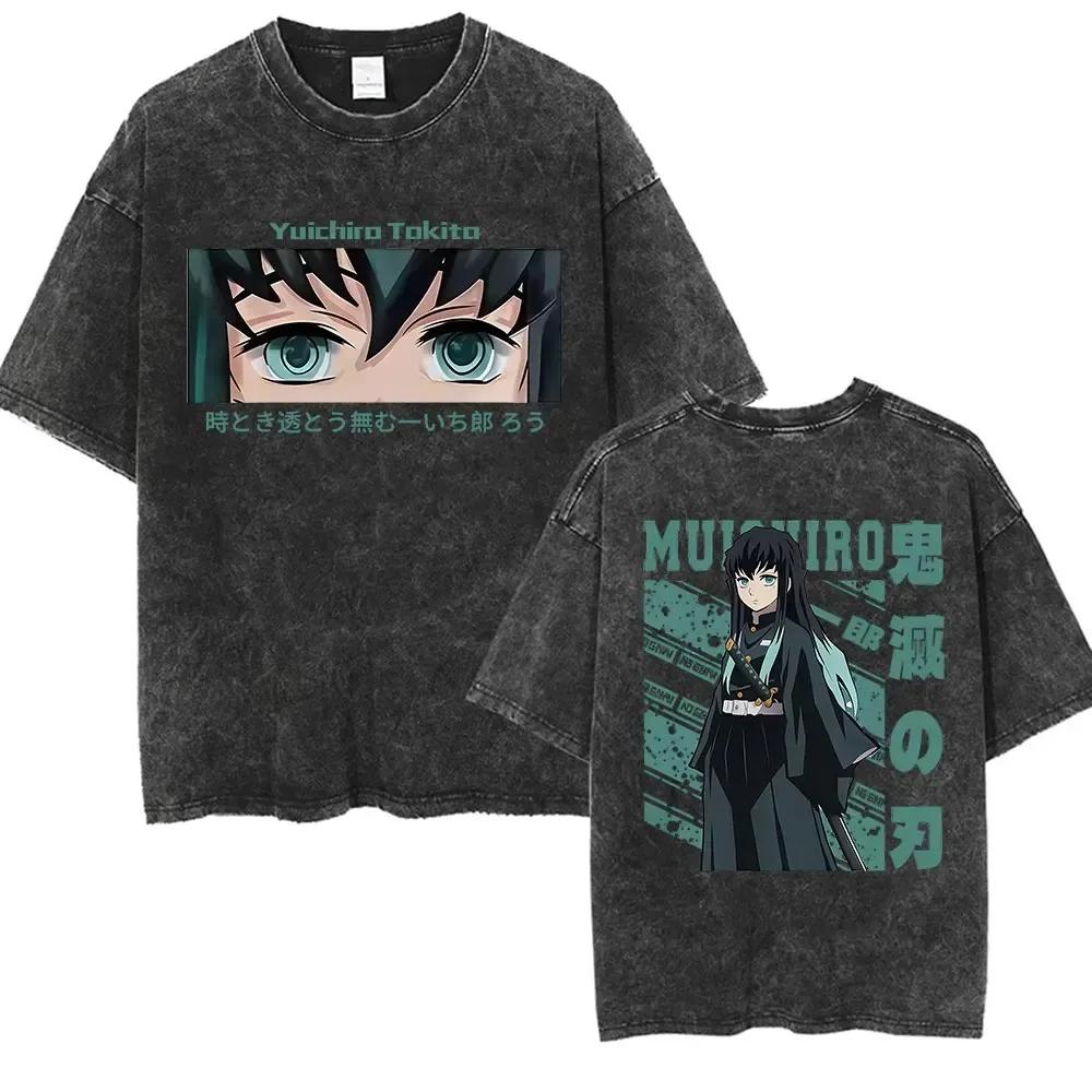 Anime Demon Slayer Kimetsu No Yaiba Graphics Print T-shirt Men Women Vintage Washed O-neck Cotton Oversized Short Sleeve Streetwear Y2K Fashion Top