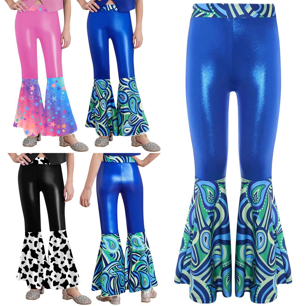 Girls Disco Costume Patchwork Printed Pants Shiny Metallic Elastic Waistbell Bottom Design Role Playing Parties