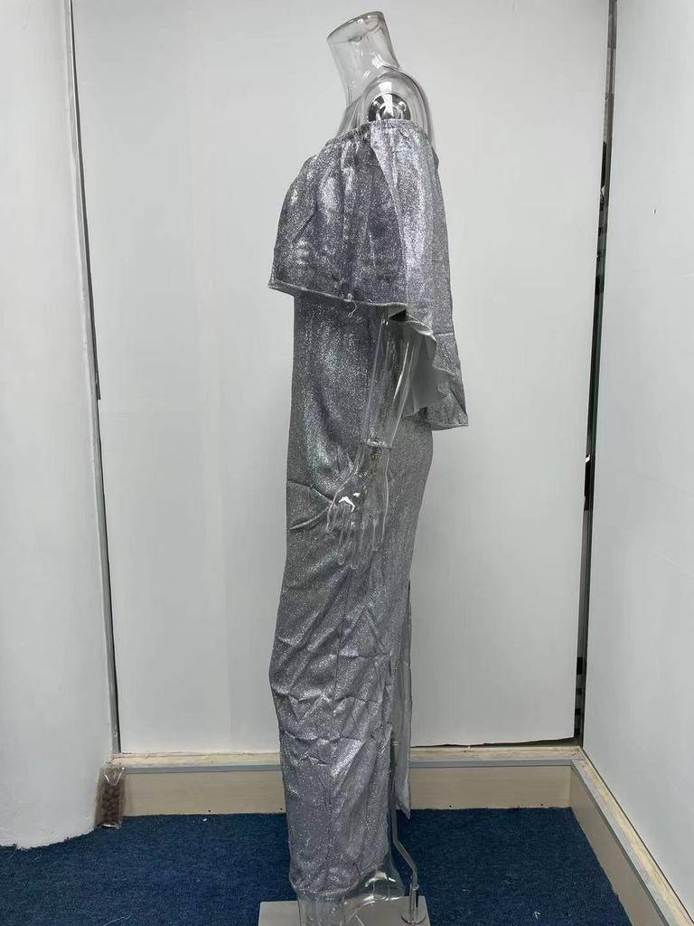 Вечернее платье на одно плечо с узором в виде листьев лотоса и блестящим разрезом на бедрах