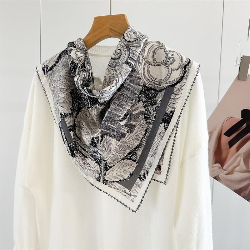 Lace Trim Silk Wool Square Scarf 65cm Double-sided Print Fall Winter Versatile Shawl