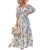 Women’s Summer Loose Boho Flowy Wrap V Neck 3/4 Sleeve Floral Print Slit Beach Wedding Guest Long Maxi