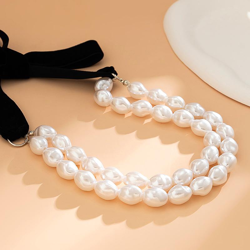 Women Pearl Bowknot Necklace Choker Elegant Ribbon Black Sweet Y2K Jewelry Adjustable