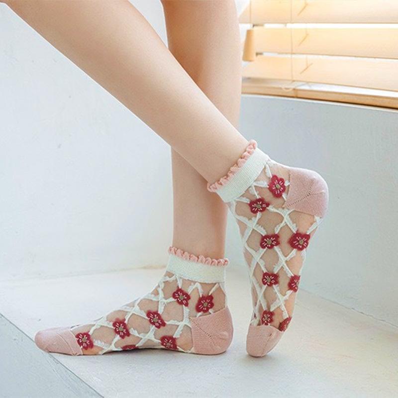 5 пар женских носков Harajuku, летние носки с кружевом и рисунком, повседневные носки, прозрачные эластичные короткие носки для школьниц