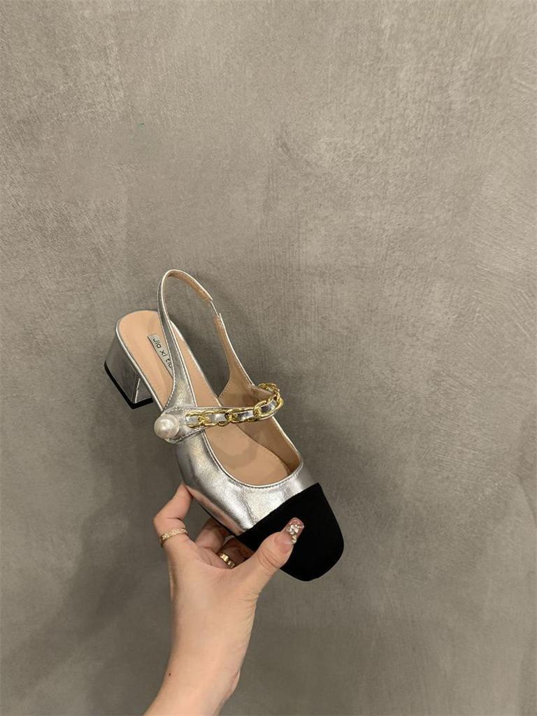 Silver premium Mary Jane rear empty single shoes women's summer 2025 new retro small fragrant wind pearl bag head sandals