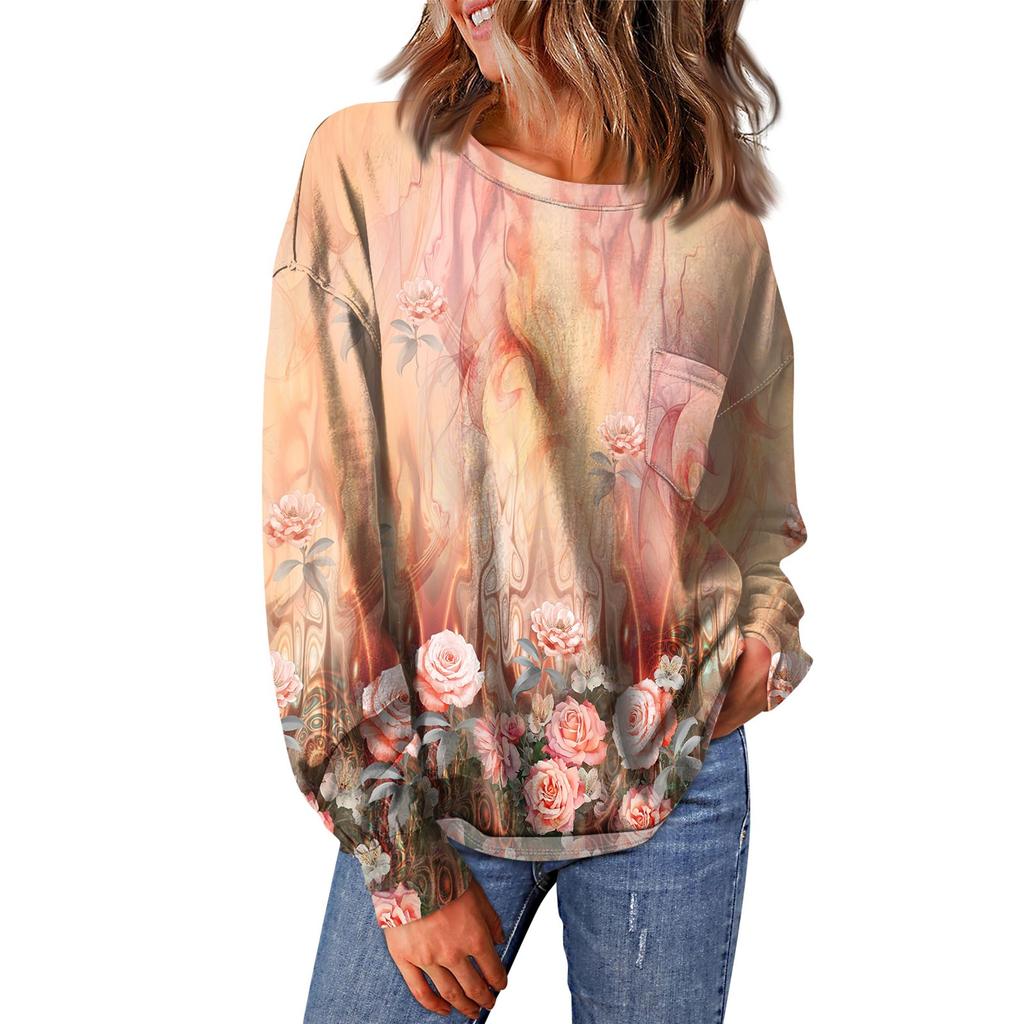 Женский повседневный свободный топ с круглым вырезом и карманами с винтажным цветочным принтом и длинными рукавами