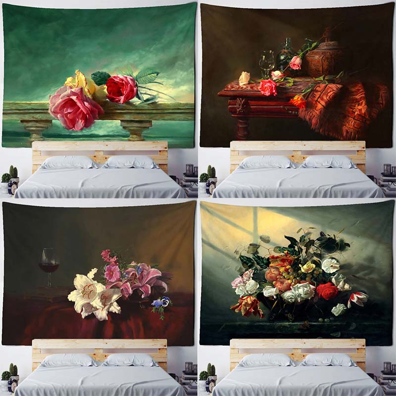 Home Wall Decoration Tapestry European Flower and Fruit Oil Painting Hanging Cloth Office Living Room Tapestry