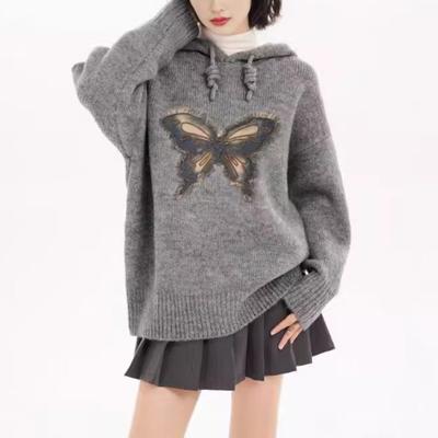 Женский свитер осень/зима, вязка «бабочка», свободный повседневный с капюшоном и длинными рукавами, мягкий клейкий топ