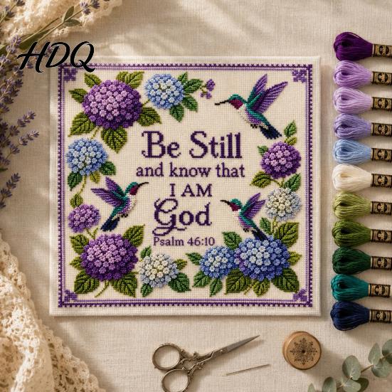 Stamped Cross Stitch Fabric Hummingbird Hydrangea Embroidery Kit Garden Faith DIY Kit Easy for Beginners with Psalm Fabric Beginner Hand Craft