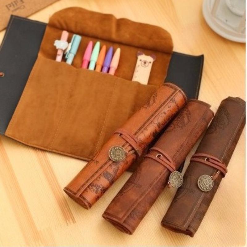 Creative Treasure Map Storage Pen Case, Simple Retro Faux Leather Large-capacity Pen Roll Case, Home & School Office Supplies.