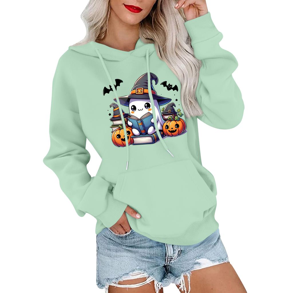 Женский модный, повседневный, удобный свитер с круглым вырезом, капюшоном, длинными рукавами и принтом на Хэллоуин