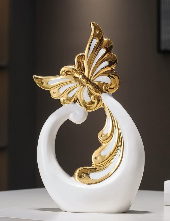 Luxury Golden Butterflies Rise Water Ceramic Ornaments Home room Bookcase Figurines Decoraion Office Desktop Sculpture Crafts