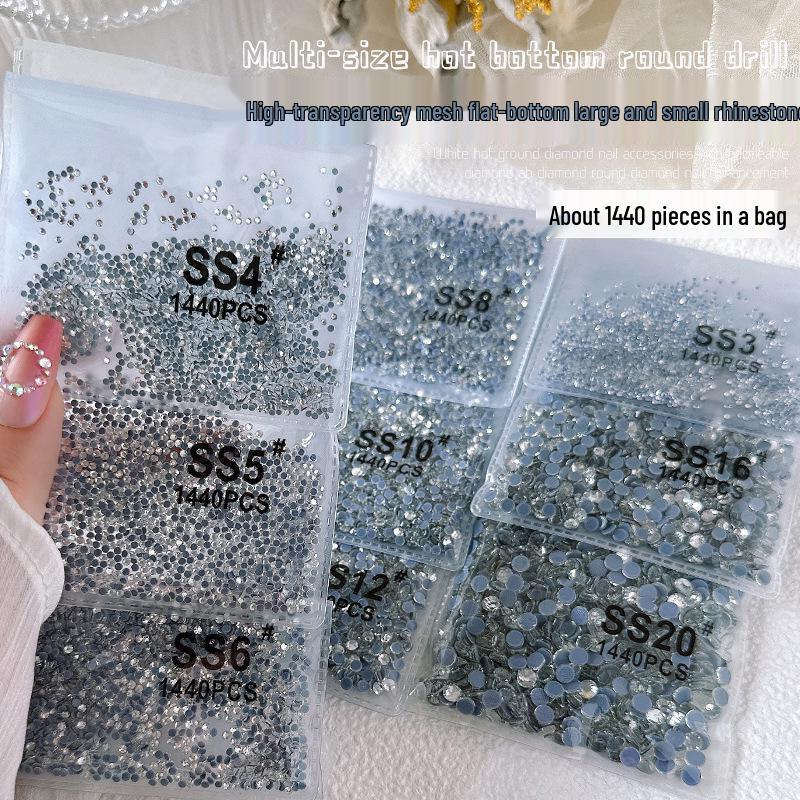 1440-Piece Aurora White AB Transparent Round Nail Art Rhinestones - Non-Fall-Off Flatback Glass Diamonds