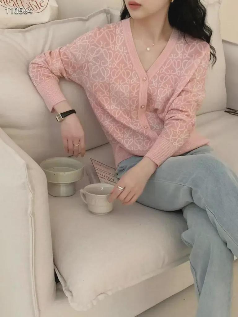 2023 Spring European Contrast Jacquard Collar Knit Women's Long Sleeve Cardigan Sweater