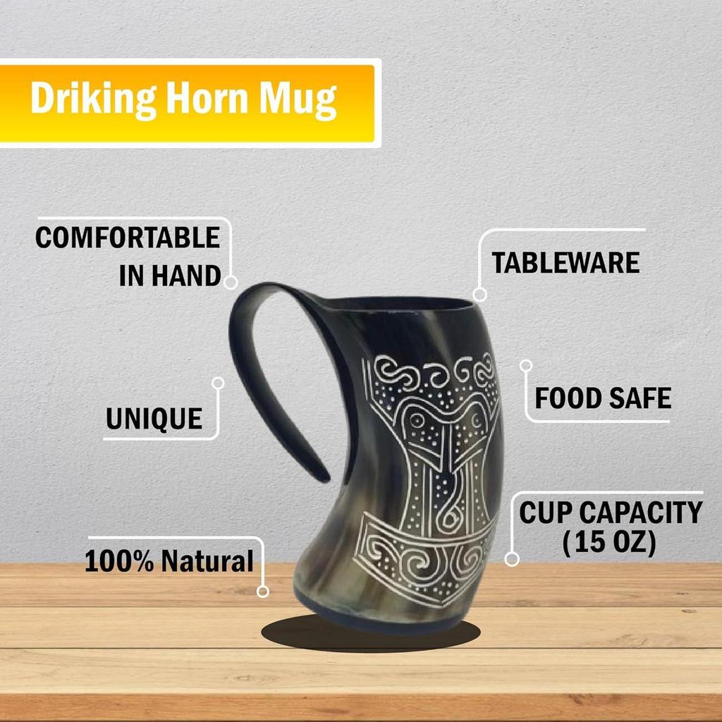 Viking Drinking OX Horn | Tankard | Mug | Cup for Ale, Beer, Mead, Wine, Shot Glass, Bottle Opener |100% Leak Free | Natural and Handmade