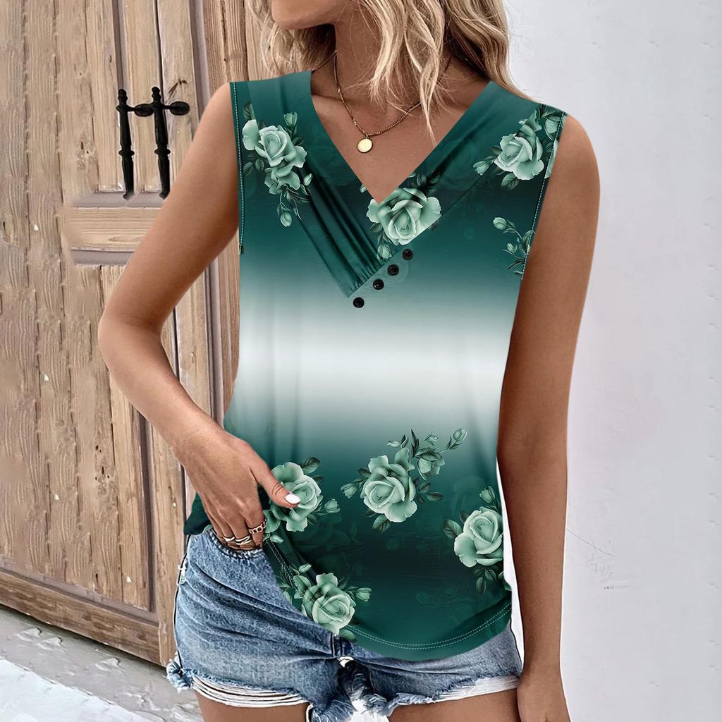 Летние женские топы на бретелях с v-образным вырезом, повседневные рубашки без рукавов с принтом, повседневные свободные плиссированные футболки, футболки, женская блузка