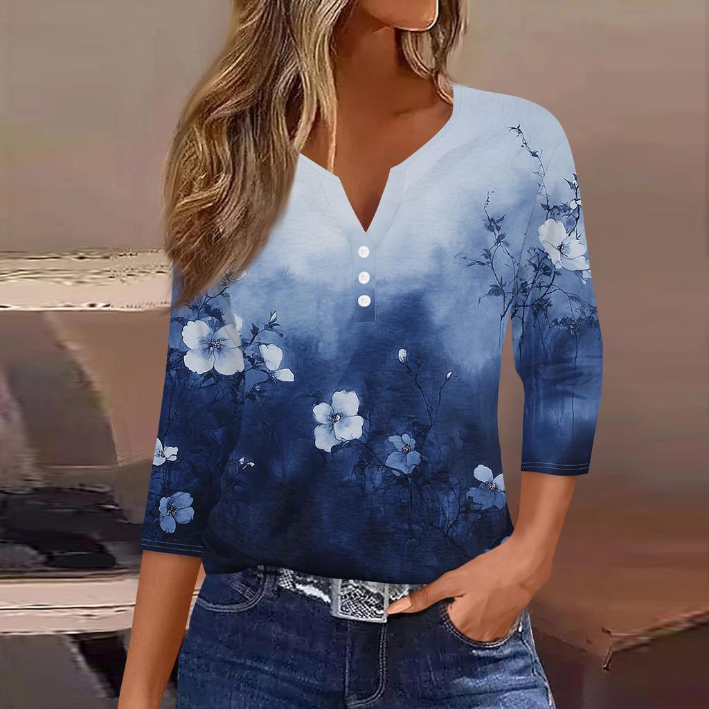 Women's Fashion Casual Floral Print V-Neck Decorative Button Three-quarter Sleeve T-Shirt Top