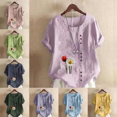 Женская мода с цветочным принтом, круглым вырезом и коротким рукавом, повседневная хлопково-льняная рубашка с рисунком, свободная летняя блузка для отдыха, топы
