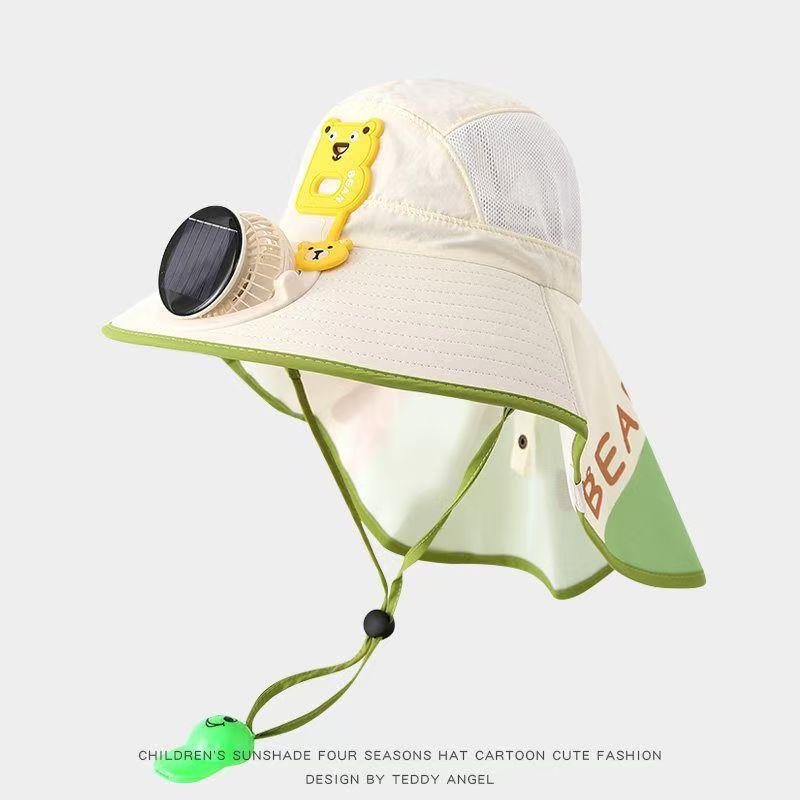 Kids Wide Brim Sun Hat Solar Rechargeable Fan Neck Flap Uv Protection For Summer Beach Activities