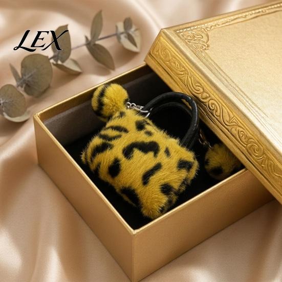 Key Ring with Pompom Leopard Print Plush Handbag Keychain, Mini Bag Pendant Pompom, Backpack Decorative Accessory for Women Girls Holder