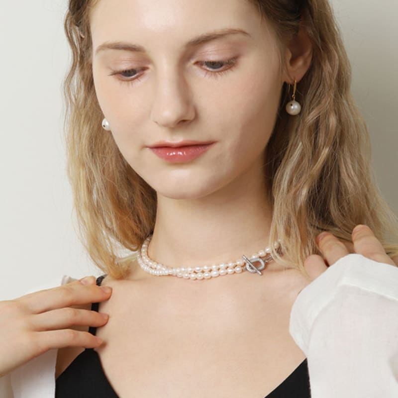 Ozel Natural Pearl Linked Chain Necklace with Toggle & Bar PB045-5N