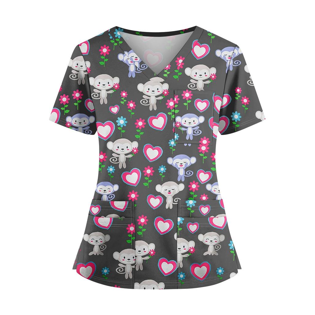 Плюс размерСкраб с принтом Рабочая форма Топы для женщин Крест V-образным вырезом Хэллоуин Принт с короткими рукавами Забавные футболки Спецодежда Футболка с карманами