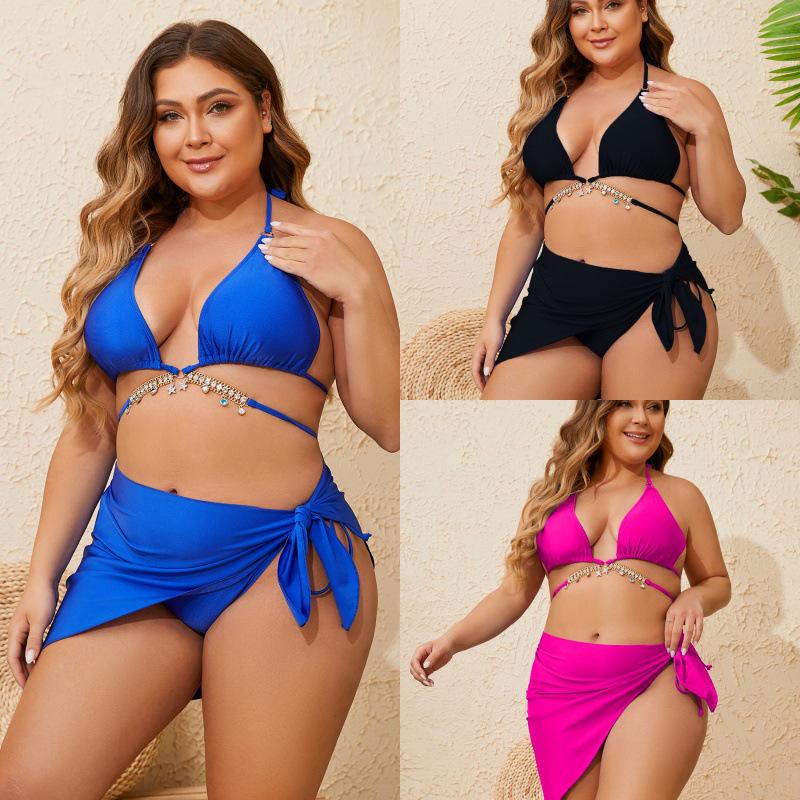 European & American Sexy Inlaid Diamond Bikini Tie-Up Plus Size Swimwear, Three-Piece Set T801