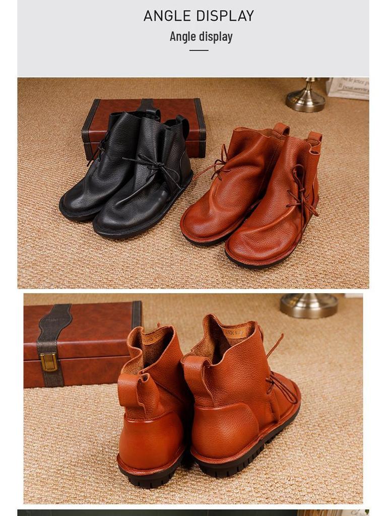 2025 Women's Retro Slouch Boots - High-End Cowhide, Soft Sole, Flat Heel Casual Short Boots