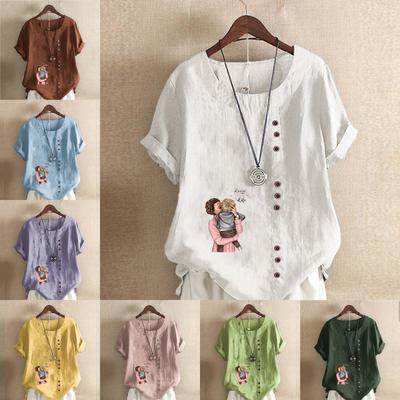 Женская модная футболка с коротким рукавом и круглым вырезом, повседневная хлопково-льняная рубашка с рисунком, свободная летняя блузка с принтом для мальчика, топы для отдыха