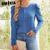 Women's Fashion Casual Autumn Winter Solid Color Print Long Sleeve Button O-Neck Loose Blouses & Shirts