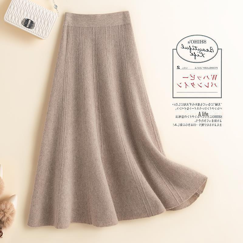 «Женская шерстяная юбка средней длины с высокой талией: Кашемировый трикотаж А-силуэта в корейском стиле на осень/зиму
