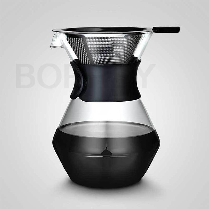 BORREY400ML Стеклянный кофейник, кофеварка, многоразовый фильтр из нержавеющей стали, стеклянный графин, ручная капельница для кофе, горшок для заваривания