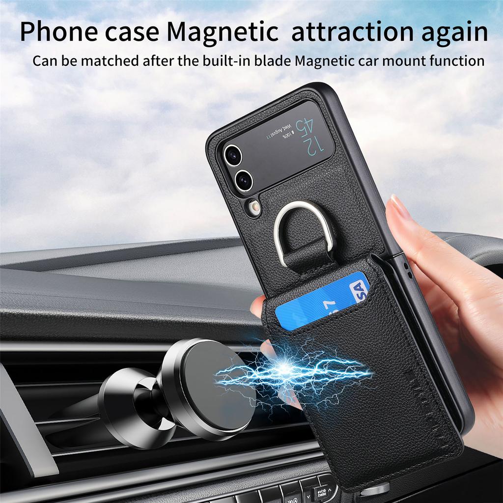 Card Slot Leather Ring Holder Case For Samsung Galaxy Z Flip 4 Flip3 Flip5 Flip4 Flip 5 3 Zflip4 Zflip3 Protective Cover Coque