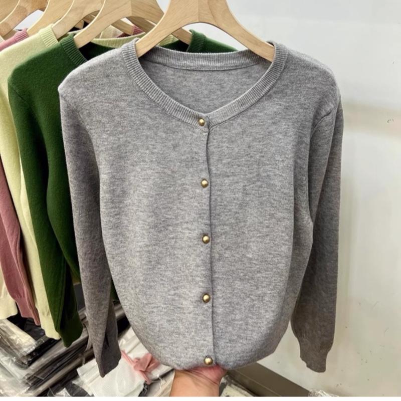 Винтажный круглый вырез свободный длинный рукав вязаный свитер кардиган женские топы осенняя мода верхняя одежда повседневные кардиганы женский однотонный трикотаж куртка 24859