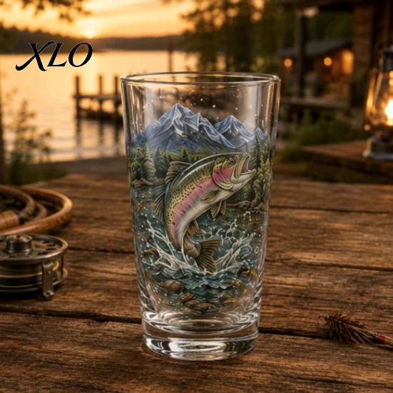 Outdoor Camping Drinkware Fishing Pint Glass Cup, Realistic Jumping Fish Pattern Design, Thickened Mountain Scenery Cups Creative Cup for And