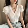 Summer V-neck Solid Color Versatile Slim Short-sleeved T-shirt Tide Wooden Ear Edge Pit Stripes Knit Short Paragraph Tops Female Casual Pullovers Tees